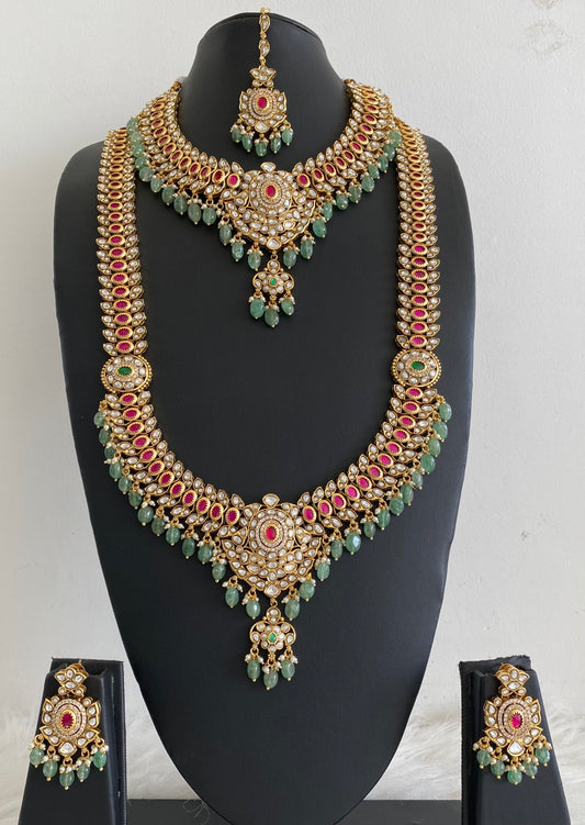 Antique gold tone kundan jadau green beaded bridal set dj-54599