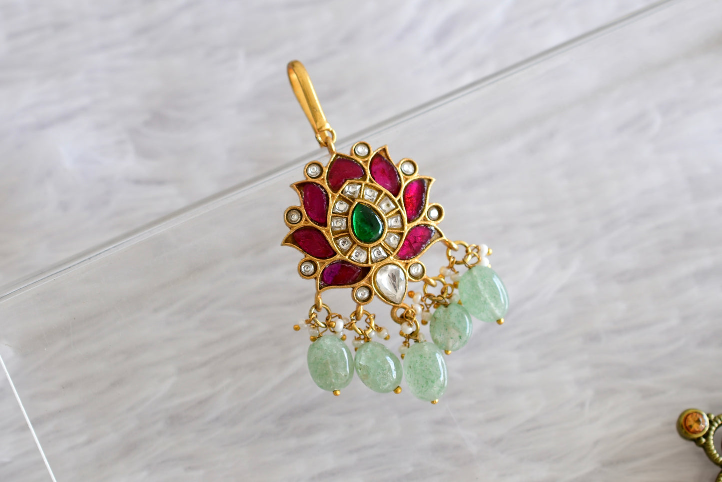 Gold tone pink-green kundan jadau green beaded lotus tikka dj-52501