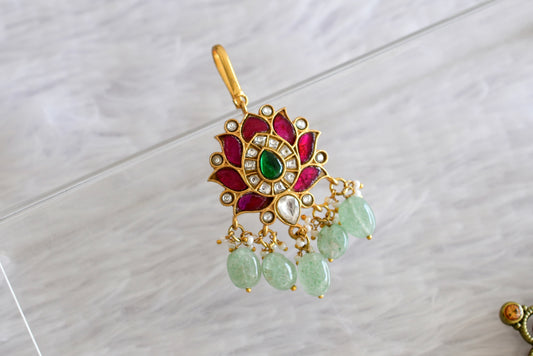 Gold tone pink-green kundan jadau green beaded lotus tikka dj-52501