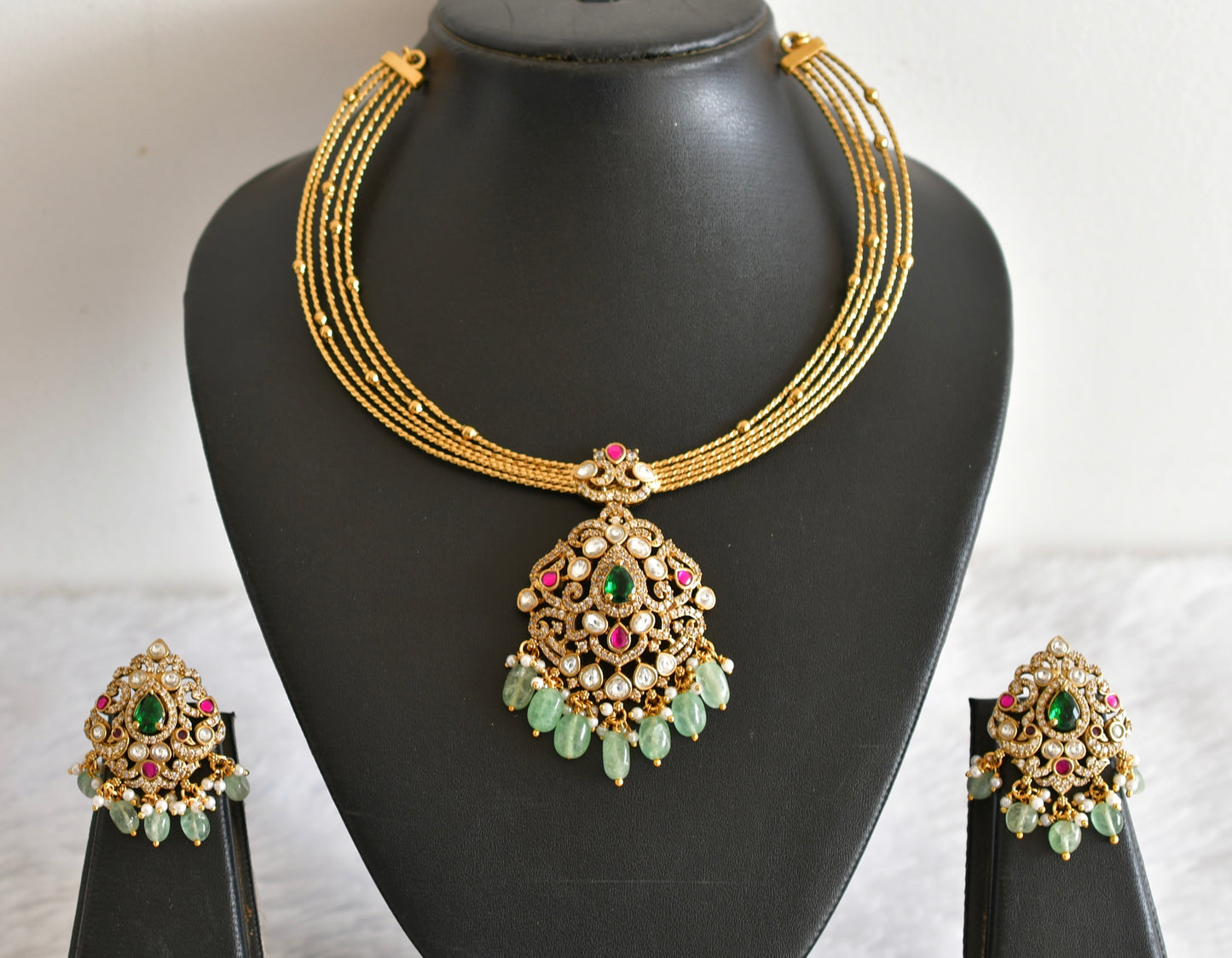 Antique gold tone pink-green kundan jadau kante necklace set dj-52422