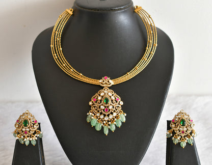 Antique gold tone pink-green kundan jadau kante necklace set dj-52422