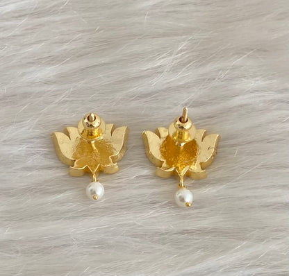 Gold tone precious kemp-green-white lotus pearl stud/earrings dj-54677