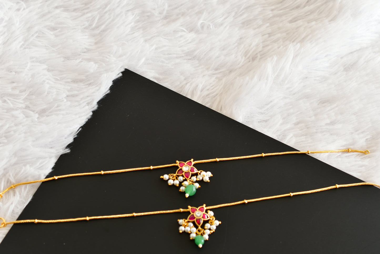 Gold tone pink-green-white flower kundan jadau anklets dj-52392