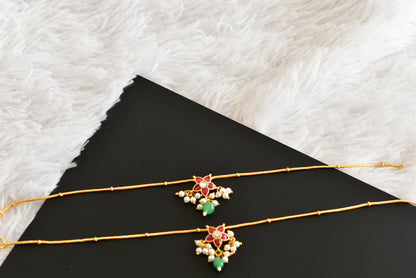 Gold tone pink-green-white flower kundan jadau anklets dj-52392