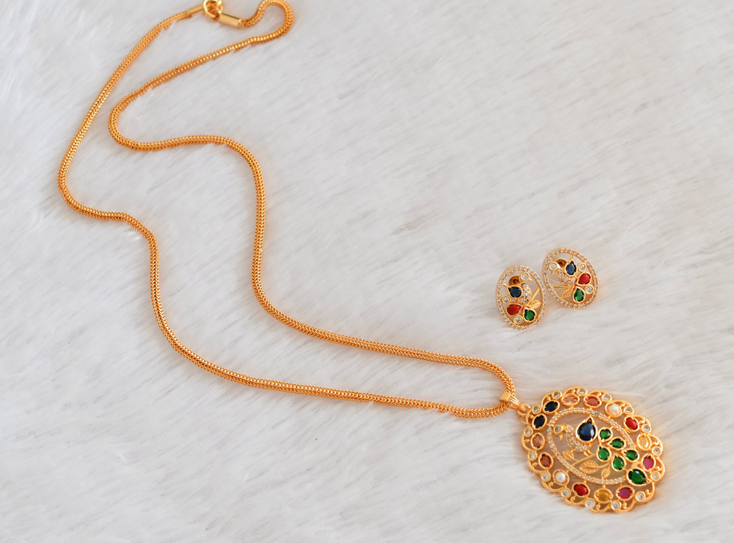 Gold tone 24 inches chain with cz peacock navarathna pendant set dj-53315