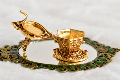 Antique gold tone kemp-green Shri Krishna kumkum box dj-52315