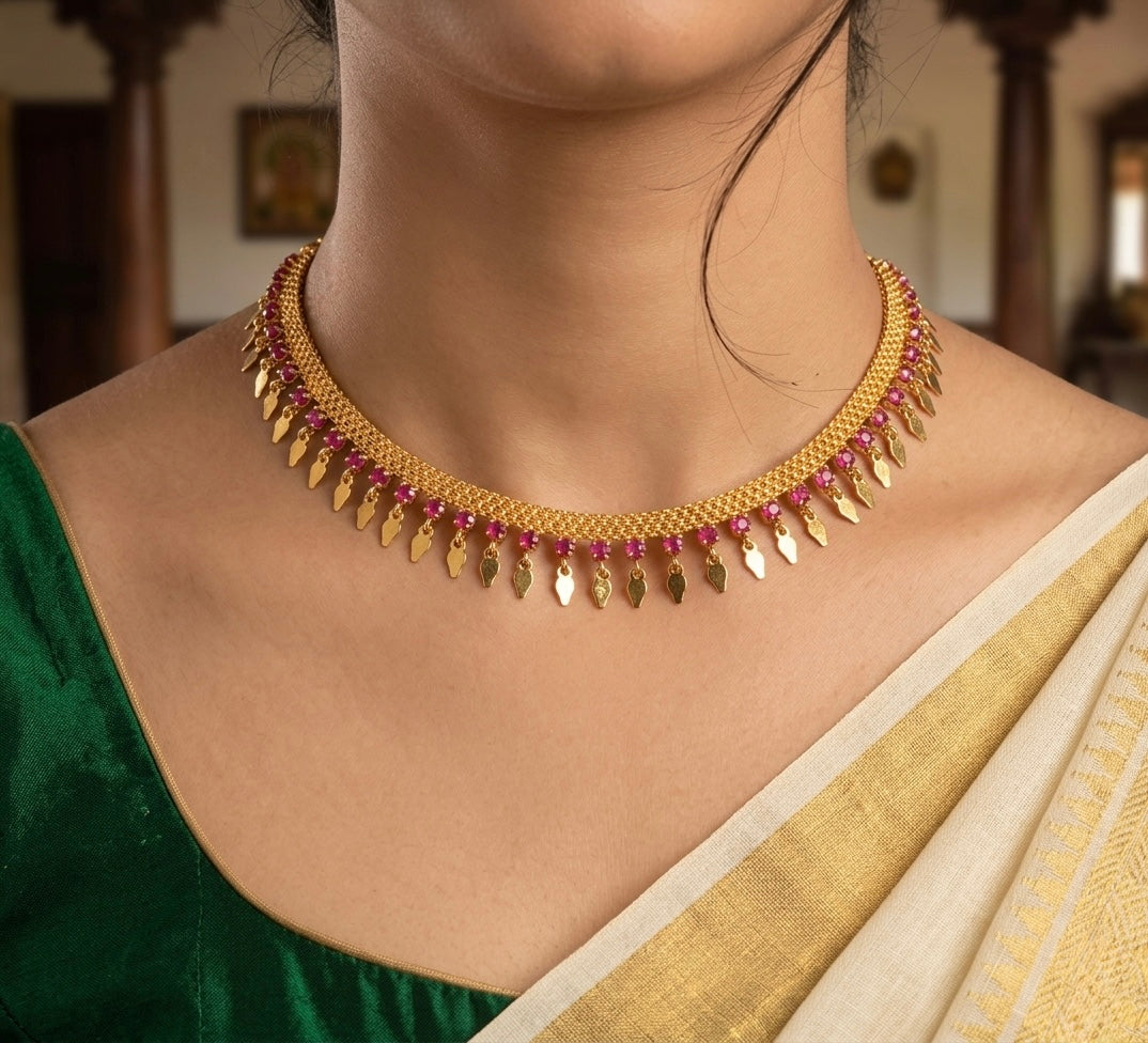 Gold tone ad pink stone elakka thali choker necklace dj-54540