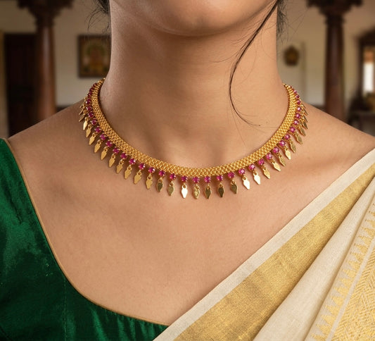 Gold tone pink stone elakka thali choker necklace dj-54540