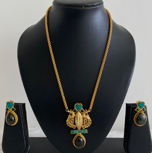 Antique gold tone peacock natural stone turquoise jadau necklace set dj-54194