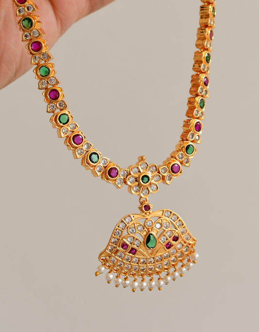 Gold tone AD pink-green stone south Indian style necklace set dj-53299