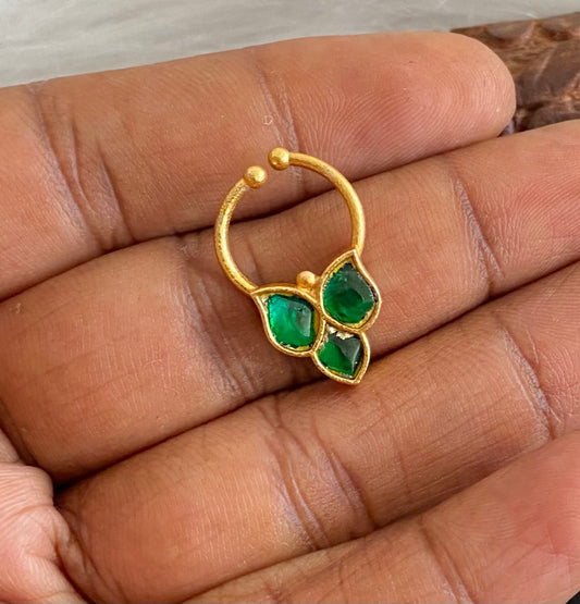 Gold tone kundan jadau green stone nose pin/bulakku dj-53743