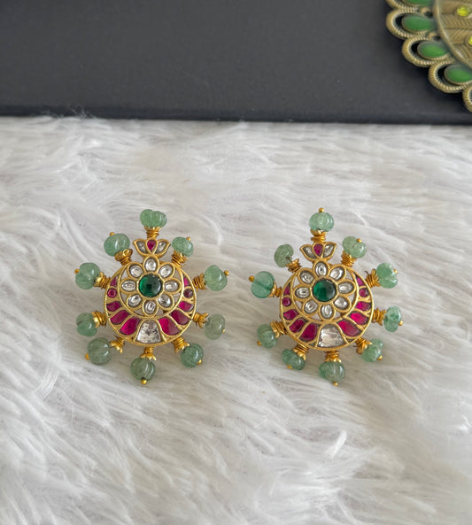 Gold tone pink-white kundan jadau green flower big stud/earrings dj-51501