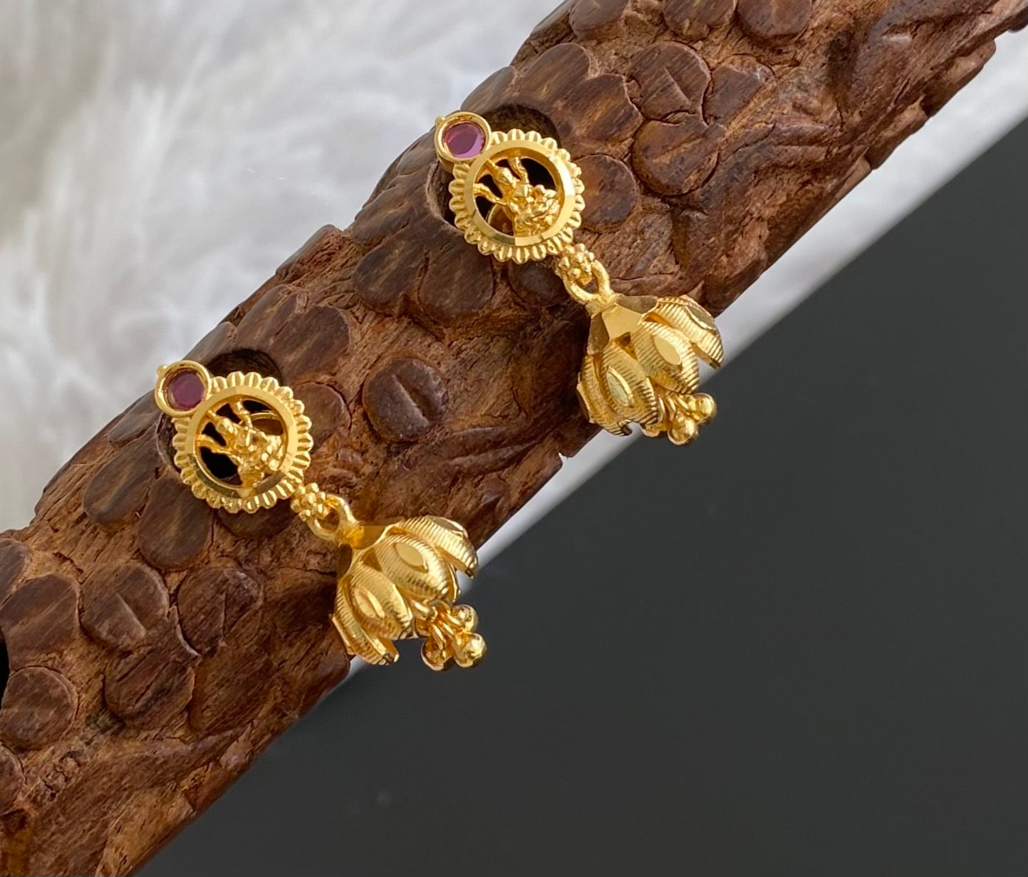 Gold tone pink stone small lakshmi lotus jhumkka dj-54404