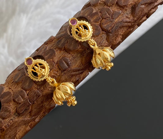 Gold tone pink stone small lakshmi lotus jhumkka dj-54404