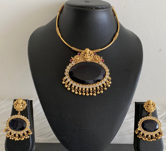 Matte finish lakshmi big blue oval stone pendant hasli necklace set dj-54252