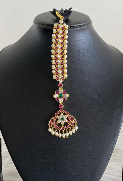 Gold tone precious kemp-green-white flower pearl tikka dj-54710