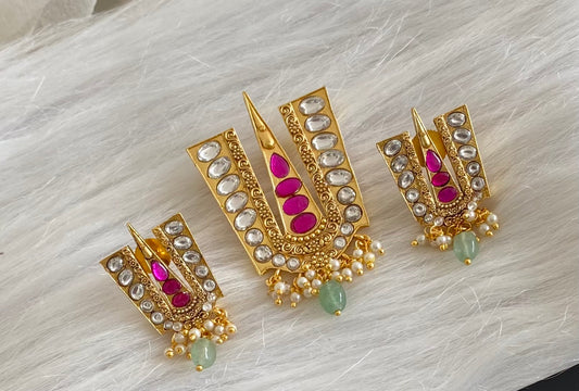 Gold tone white-pink kundan jadau thirumal nama pendant set dj-53985