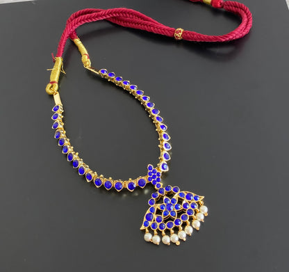 Gold tone AD dark blue stone pearl attigai flower necklace dj-55133