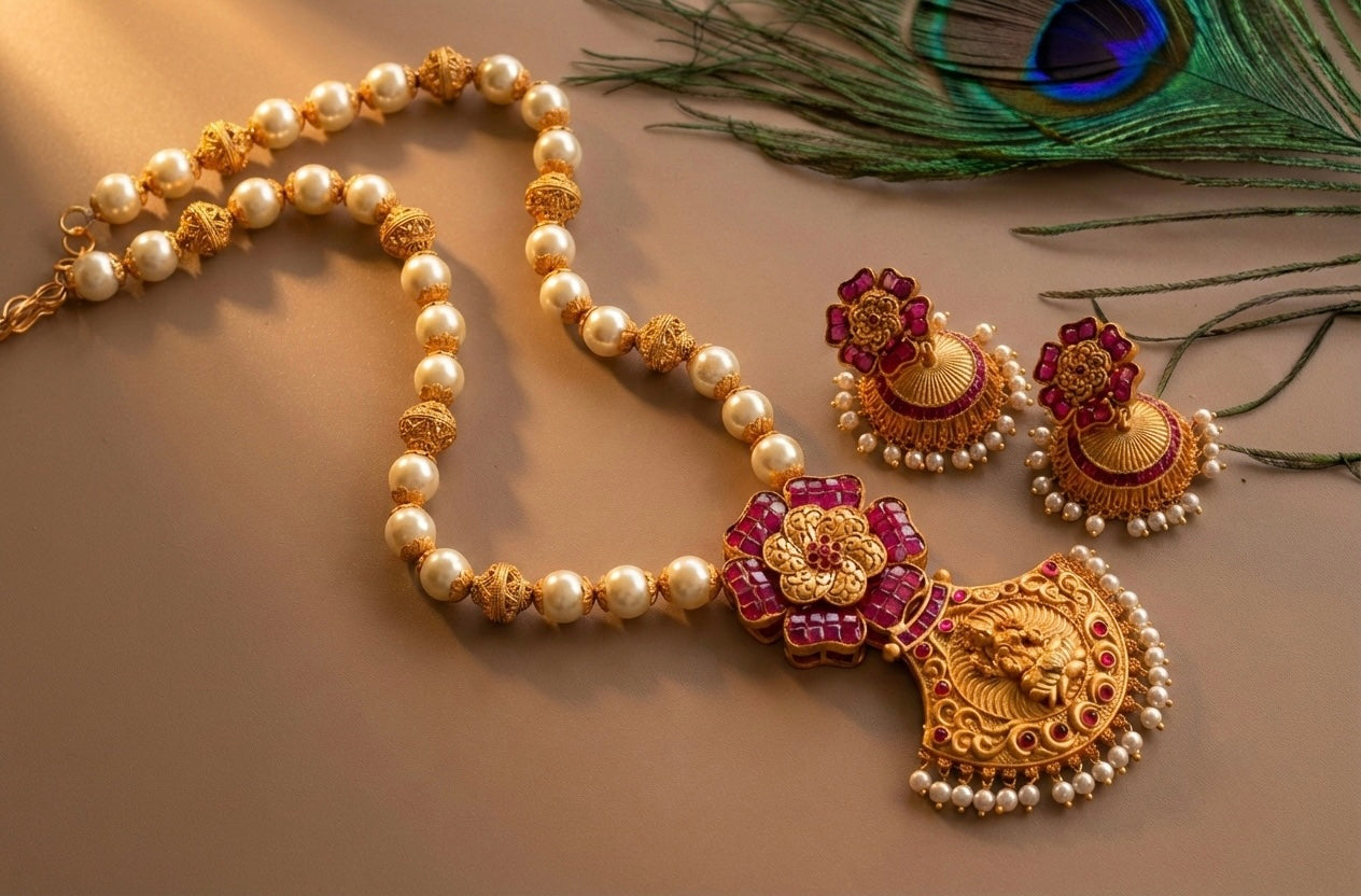 Matte finish ruby-lakshmi pearl beaded necklace set dj-07284
