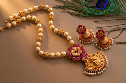 Matte finish ruby-lakshmi pearl beaded necklace set dj-07284