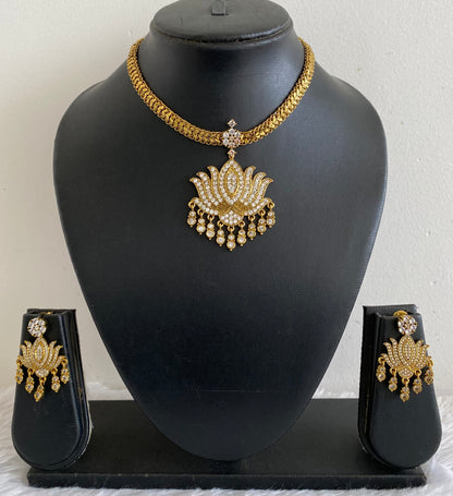 Dark antique finish white stone lotus necklace set dj-53602