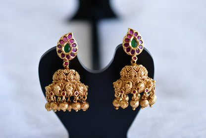 Antique gold tone ruby-green mango-peacock jhumkka dj-51934