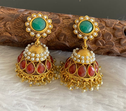 Antique gold tone red-green pearl jhumkka dj-52931