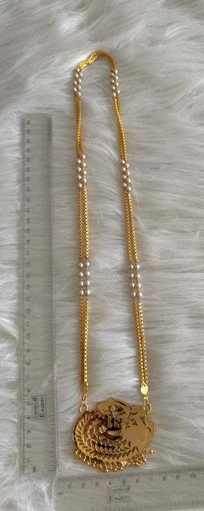 Gold tone double layer pearl chain with AD pink-green Om peacock pendant dj-51191