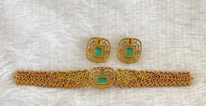 Antique gold tone ruby-green-white choker necklace set dj-54075