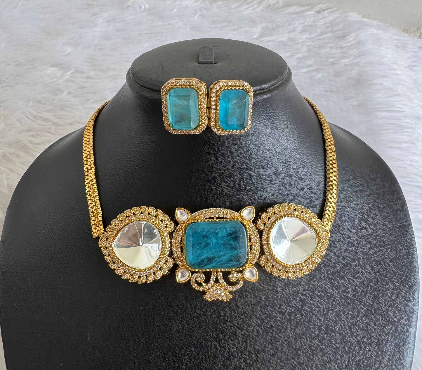 Antique gold tone cz big stone white-light blue choker necklace set dj-51088