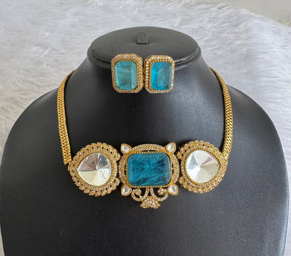 Antique gold tone cz big stone white-light blue choker necklace set dj-51088