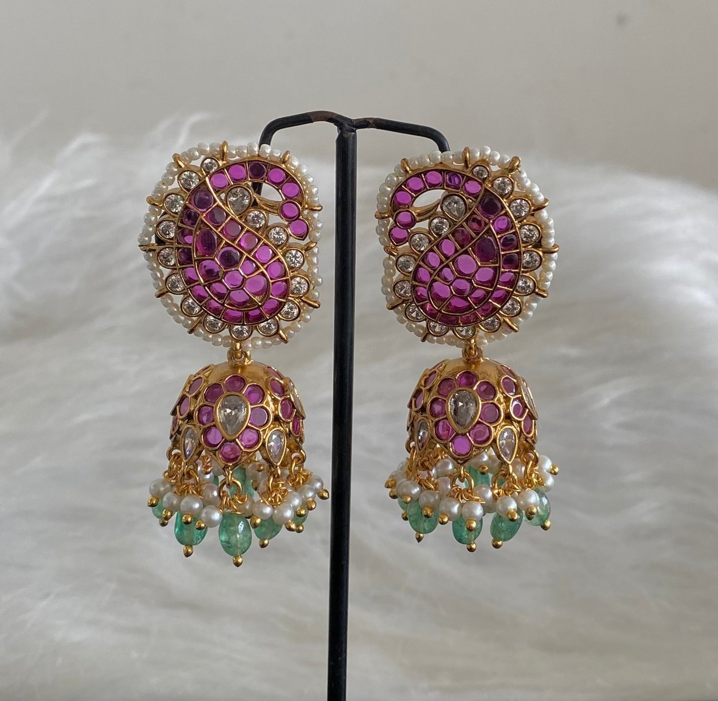 Gold tone kemp-white stone peacock mango green beaded pearl jhumkka dj-54591