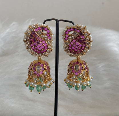 Gold tone kemp-white stone peacock mango green beaded pearl jhumkka dj-54591