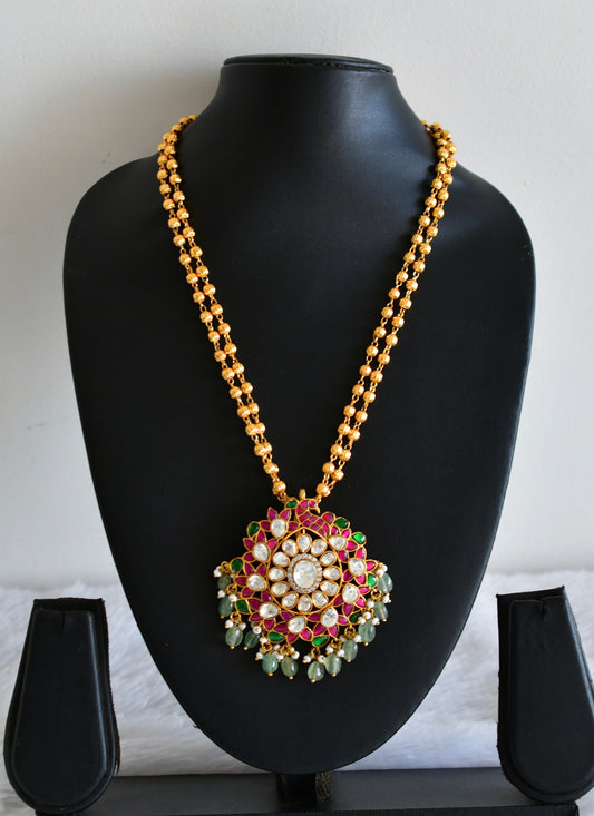 Gold tone pink-green-white kundan jadau peacock necklace dj-52581