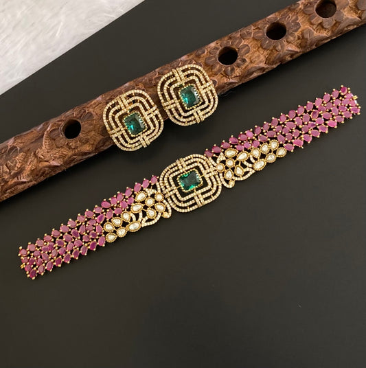 Antique gold tone ruby-green-white choker necklace set dj-54075