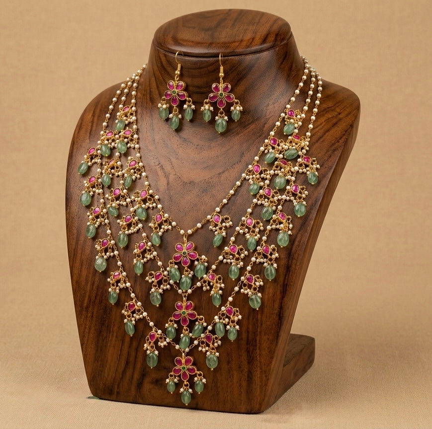 Gold tone pink-green kundan jadau multi layer pearl cluster green beads haar set dj-40615