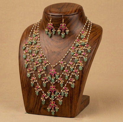 Gold tone pink-green kundan jadau multi layer pearl cluster green beads haar set dj-40615