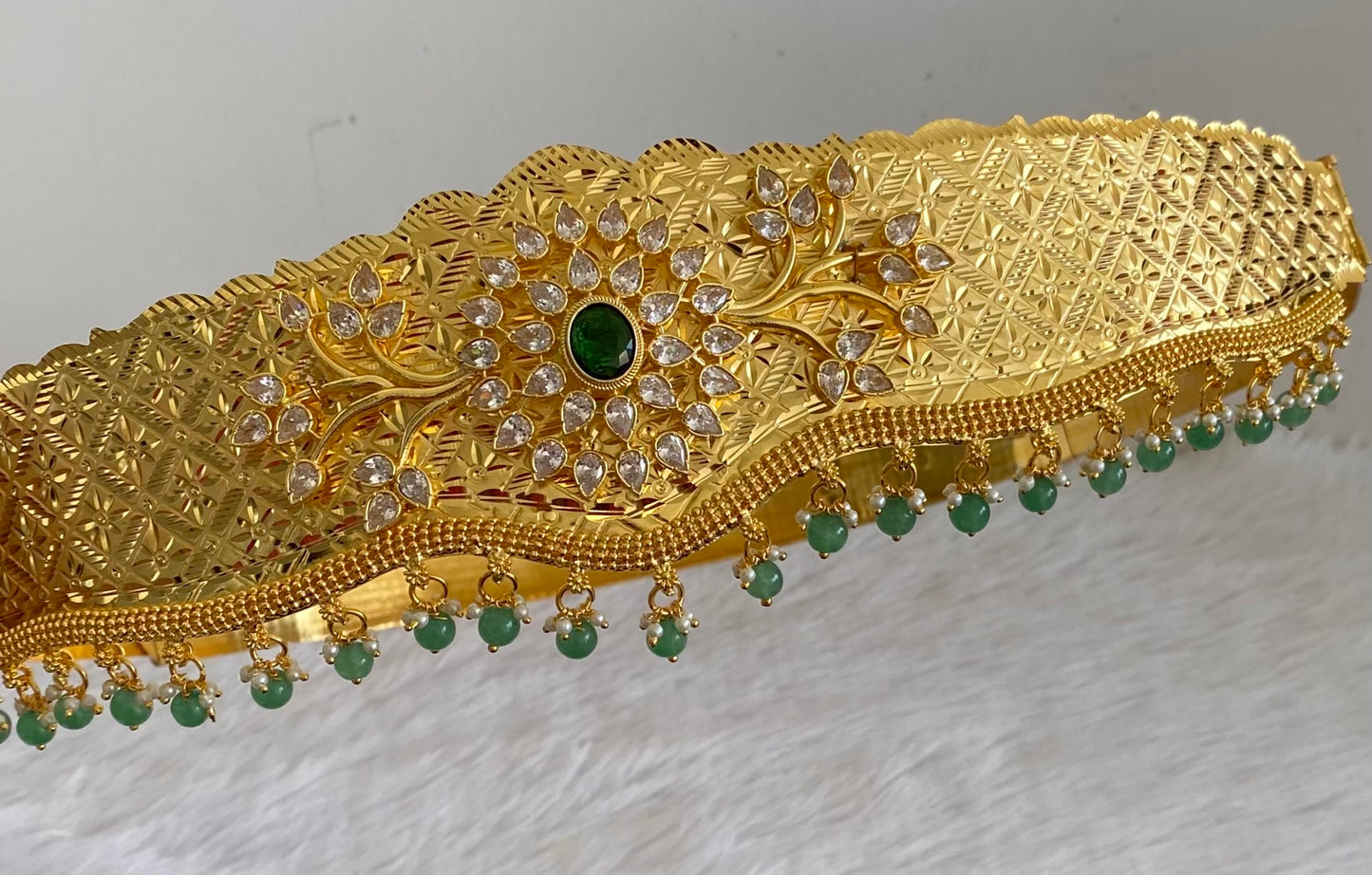 Gold tone white green stone flower design adjustable waist belt dj-53465