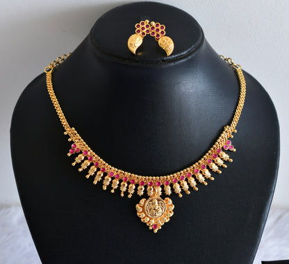 Gold tone pink stone lakshmi coin mango necklace set dj-53050