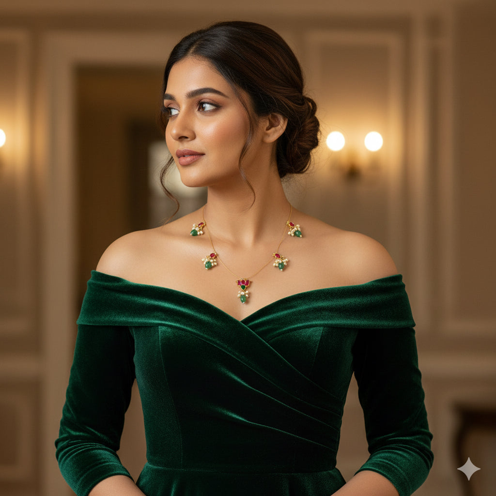 Gold tone pink kundan jadau lotus green bead invisible necklace dj-50823