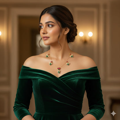 Gold tone pink kundan jadau lotus green bead invisible necklace dj-50823