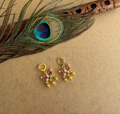 Gold tone pink-green-white kundan jadau lotus hook earrings dj-51530