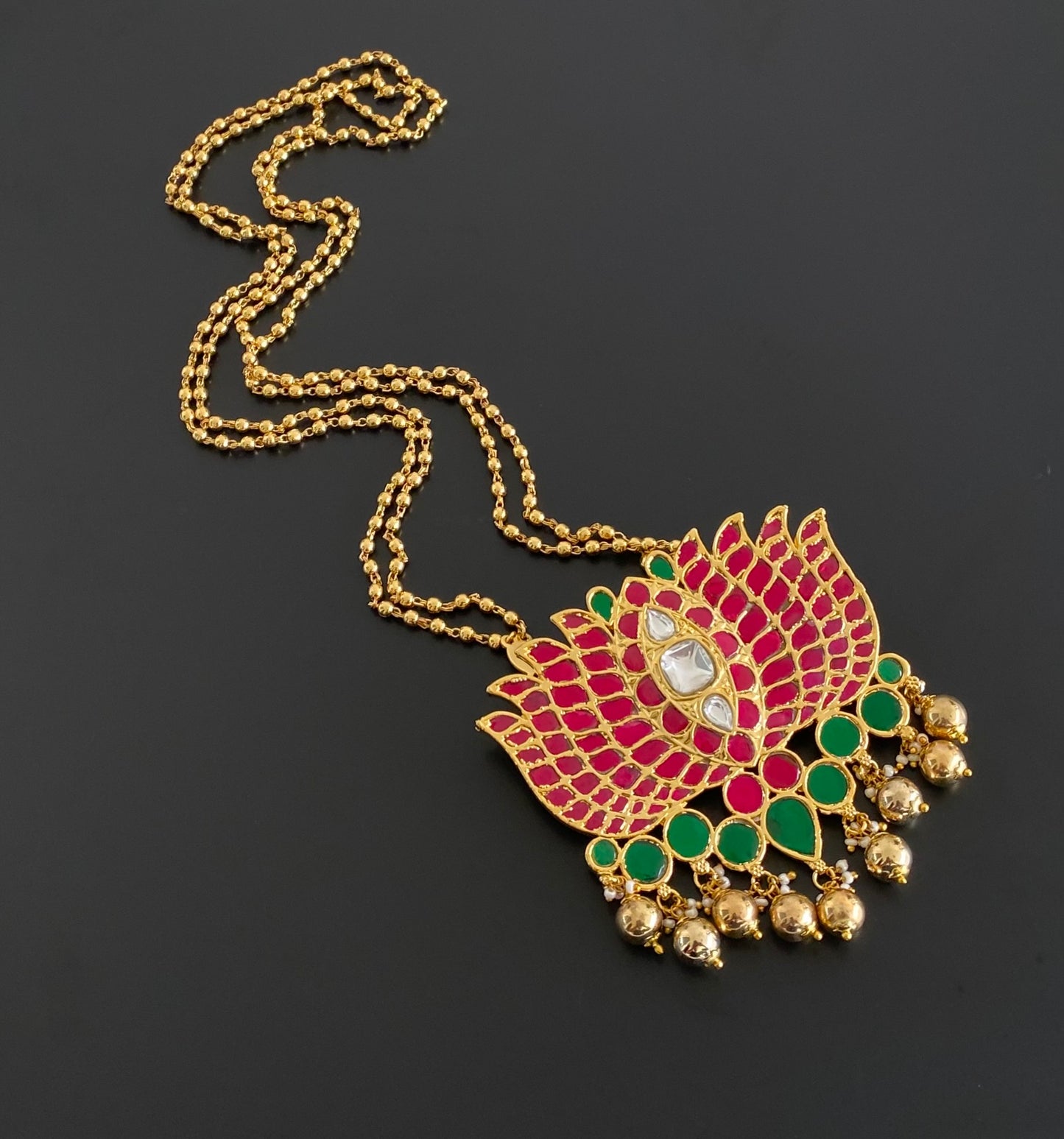 Gold tone pink-green kundan jadau lotus pendant necklace dj-54607