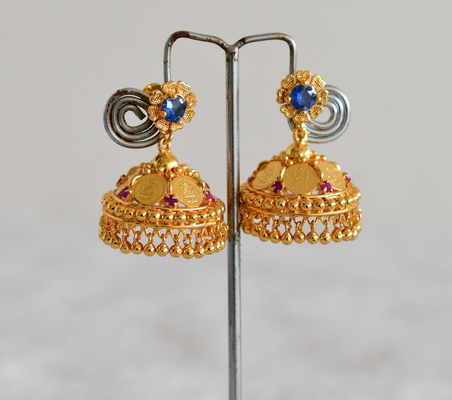 Gold tone ruby-pink lakshmi coin jhumkka dj-50170