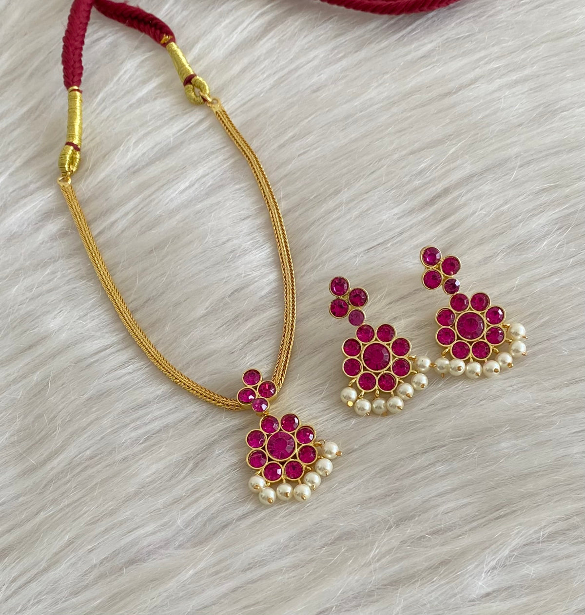 Gold tone AD balaji/rani pink stone pearl attigai flower necklace set dj-55142