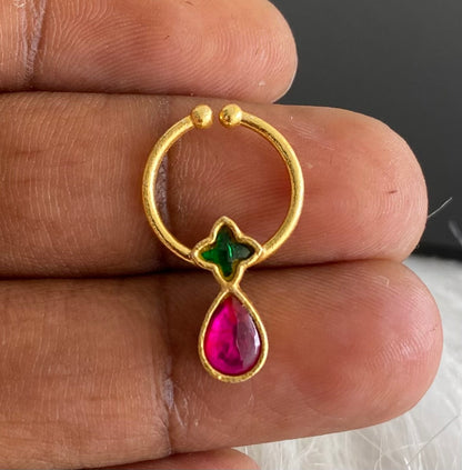 Gold tone kundan jadau pink-green stone nose pin/bulakku dj-53761