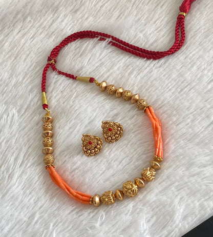 Antique gold tone coral nakshi beaded necklace set dj-54964