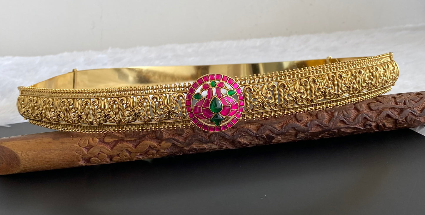 Matte finish pink-green kundan jadau  peacock waist belt dj-53472