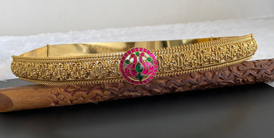 Matte finish pink-green kundan jadau  peacock waist belt dj-53472