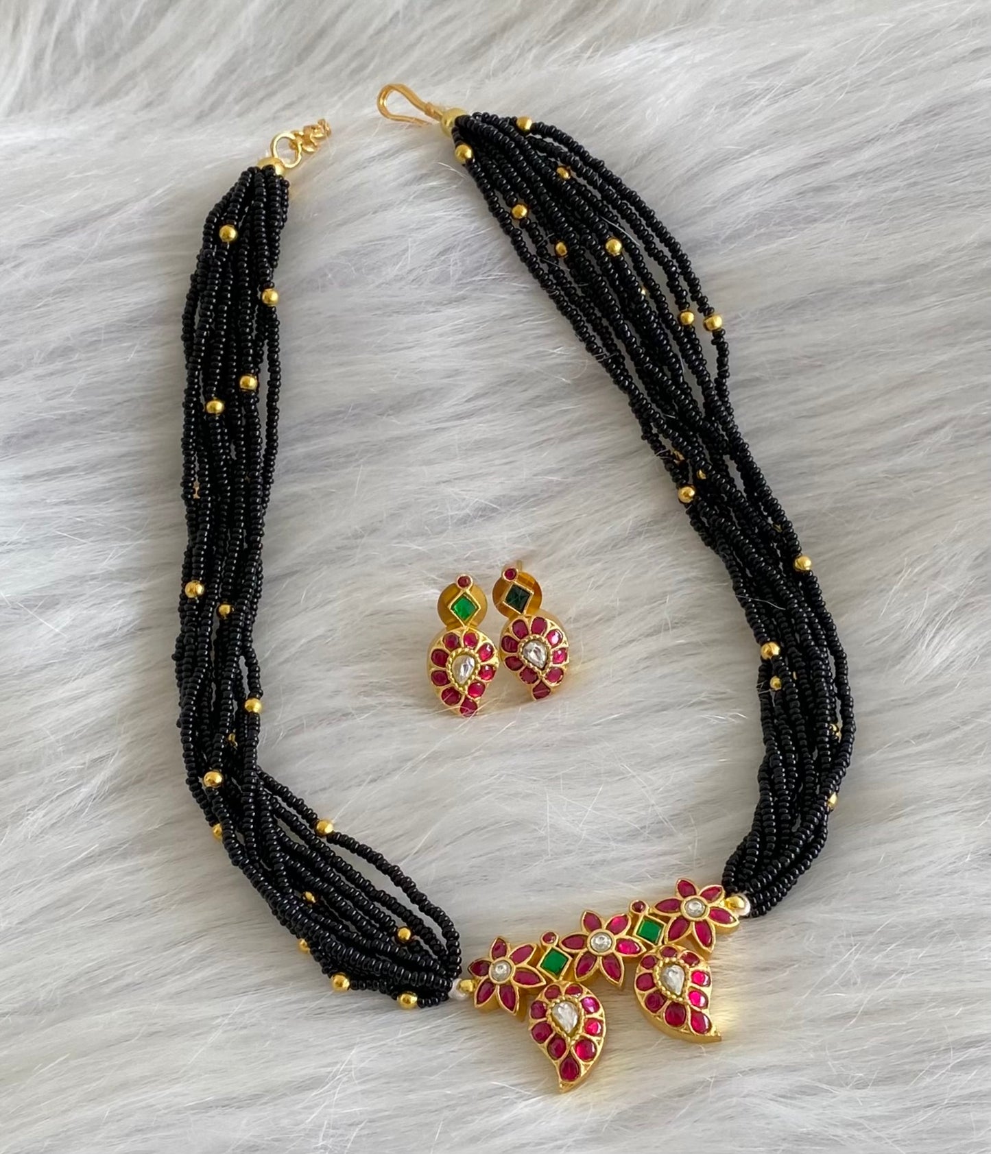 Antique gold tone pink-green-white kundan jadau mango 18 inch mangalsutra set dj-54177